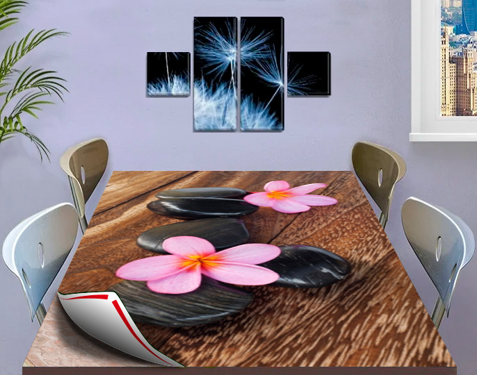 Покриття для столу, м'яке скло з фотодруком, Квіти на каменях 60 х 100 см (1,2 мм)