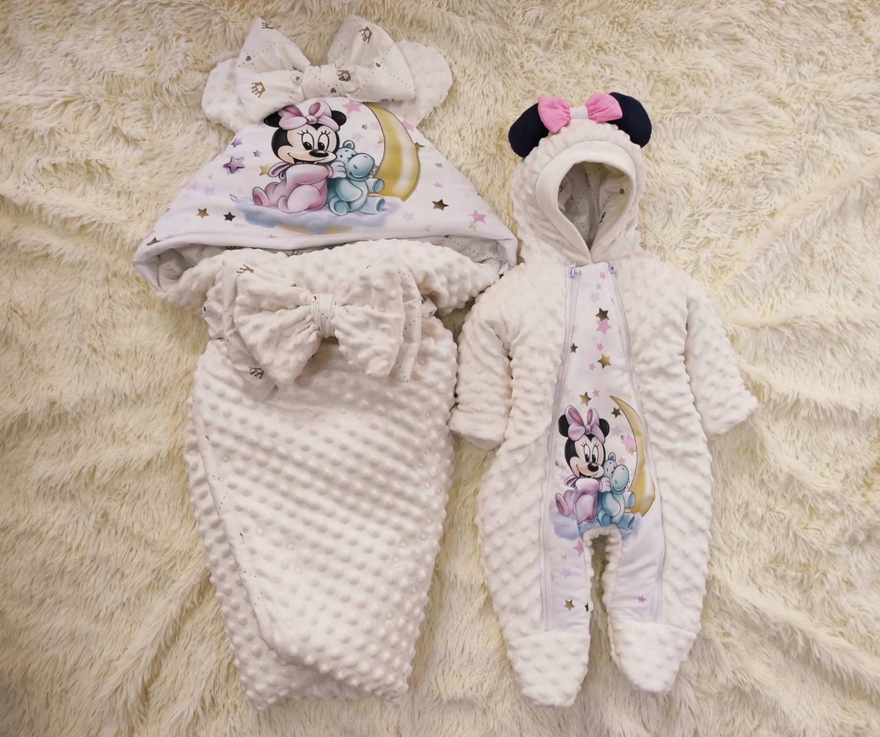 Комплект одягу для новонароджених дівчаток зимовий, молочний, принт Minni з бегемотиком
