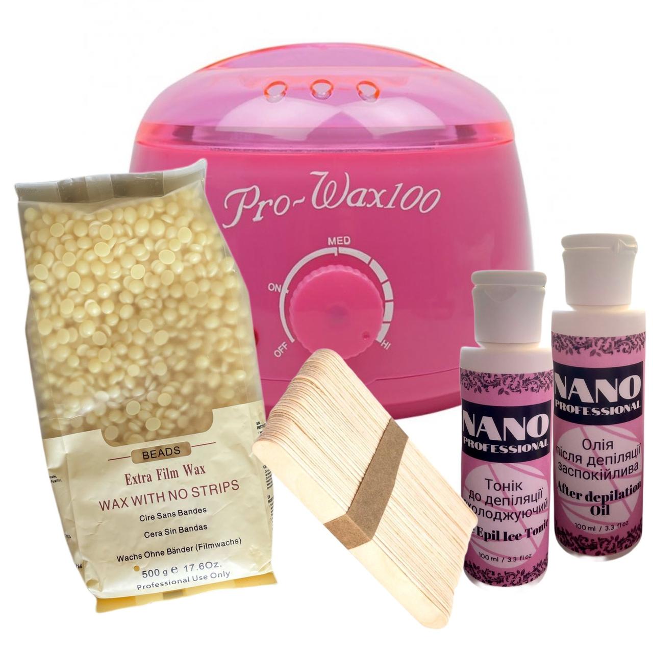 Набір для депіляції з воскоплавом Pro Wax Pink, воском 500 г і засобами для депіляції