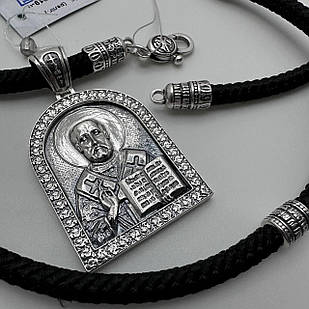 Комплект підвіска Святий Миколай з шовковим шнурком на шию чорнене срібло 925 проби