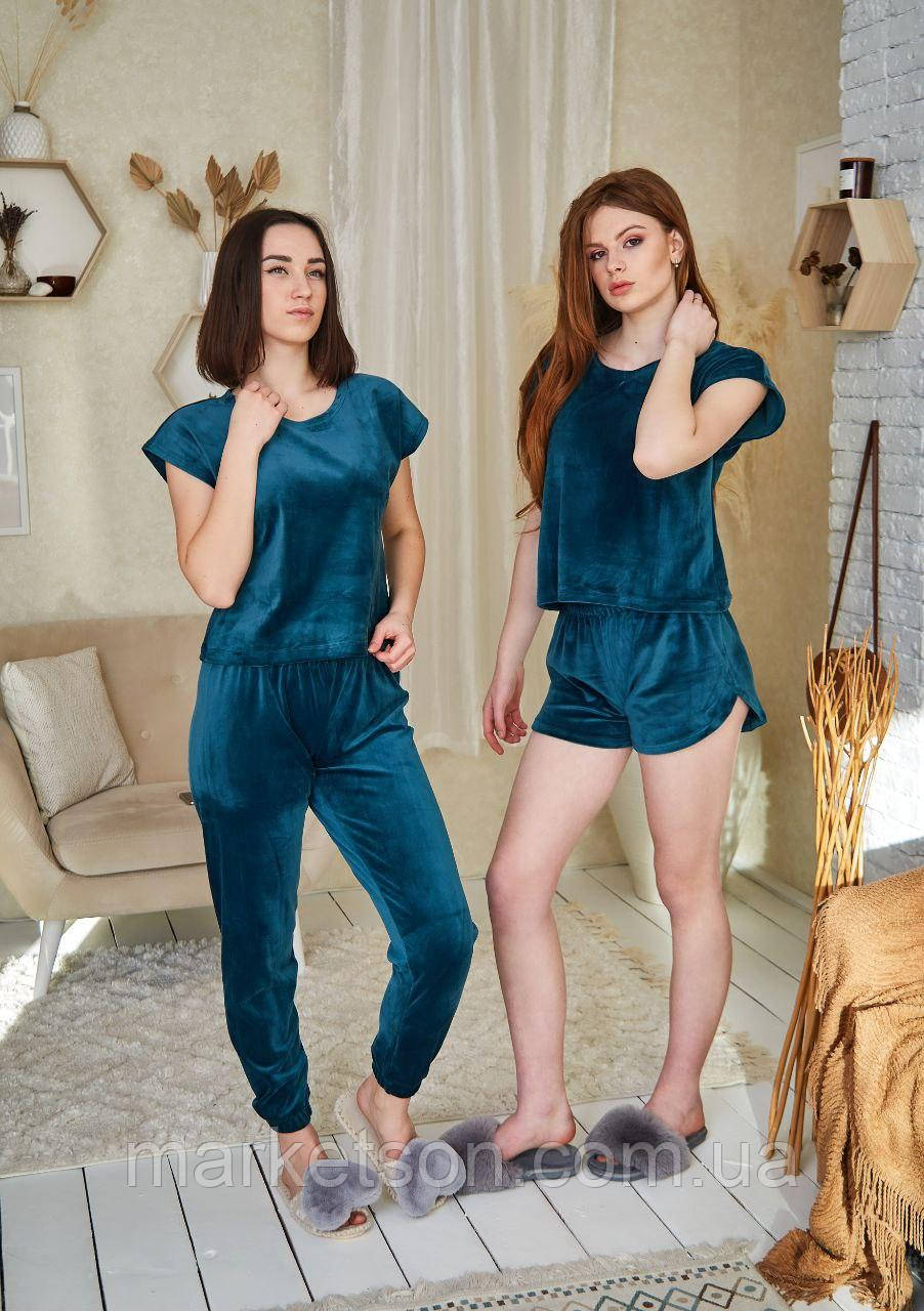 Пижама трійка з плюшевого велюру футболка шорти штани р.S,M,L,XL