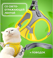 Шлея анатомическая и поводок 150 см Kafuli Pet Collection для собак и кошек 3-15 кг XS желтый