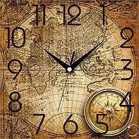 Настенные часы Карта компас бесшумные квадратные коричневые