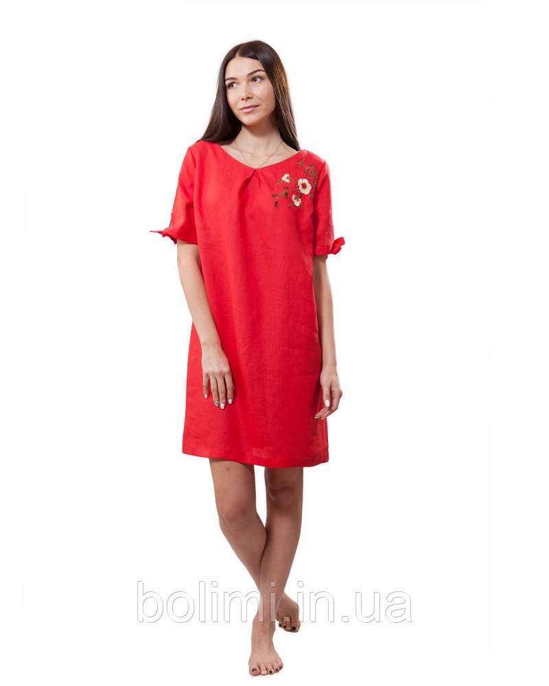 Плаття жіноче льляне червоне з вишивкою