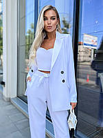Стильный женский костюм-тройка с пиджаком, топом и брюками, белый