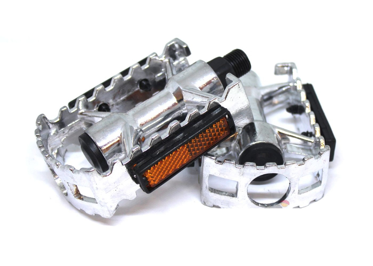 Педалі алюмінієві (сріблясті) для гірського велосипеда на кульках зі світловідбивачами, фото 1