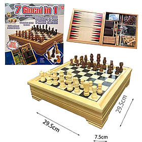 Настільна гра 7в1 шахмати, шашки, нарди, доміно, покер, кріббедж, кубики (dadi) на ножках дерево 29,5*29,5*7,5 см. поле (2975)