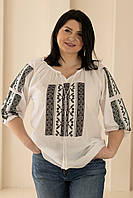 Стильна жіноча етнічна біла батистова блуза з чорною вишивкою №973 50