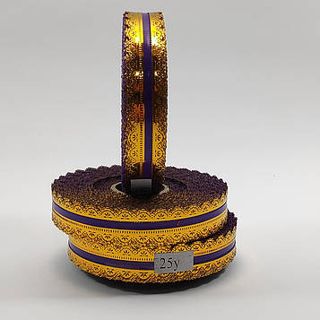 Стрічка ритуальна, траурна, колір фіолетовий, окантовка ЗОЛОТО - 2 см