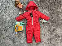 Демисезонный детский сплошной комбинезон "Крохотуля" с капюшоном для деток на 1-4 года. Красный