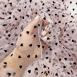 Сітка стрейч з флоком (серця) / колір СВІТЛО-РОЖЕВИЙ / ціна вказана за 0,5 метра сітки