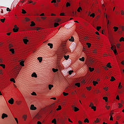 Сітка стрейч з флоком (серця) / колір ЧЕРВОНИЙ / ціна вказана за 0,5 метра сітки