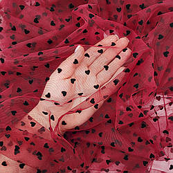 Сітка стрейч з флоком (серця) / колір БОРДОВИЙ / ціна вказана за 0,5 метра сітки