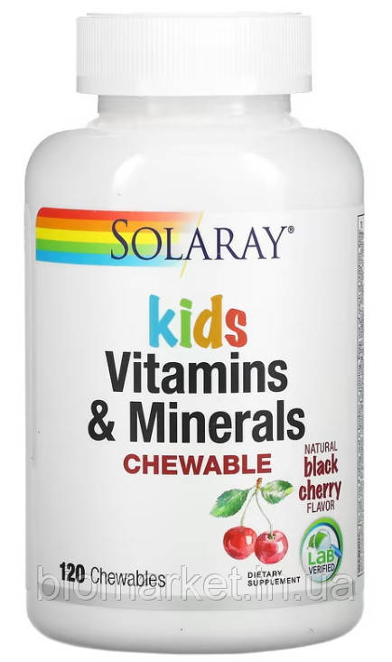 Жувальні вітаміни та мікроелементи для дітей 120табл. зі смаком натуральної черешні, «Solaray».