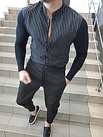 Рубашка мужская приталенная в полоску Aver черная | Рубашка с длинным рукавом летняя повседневная ТОП качества
