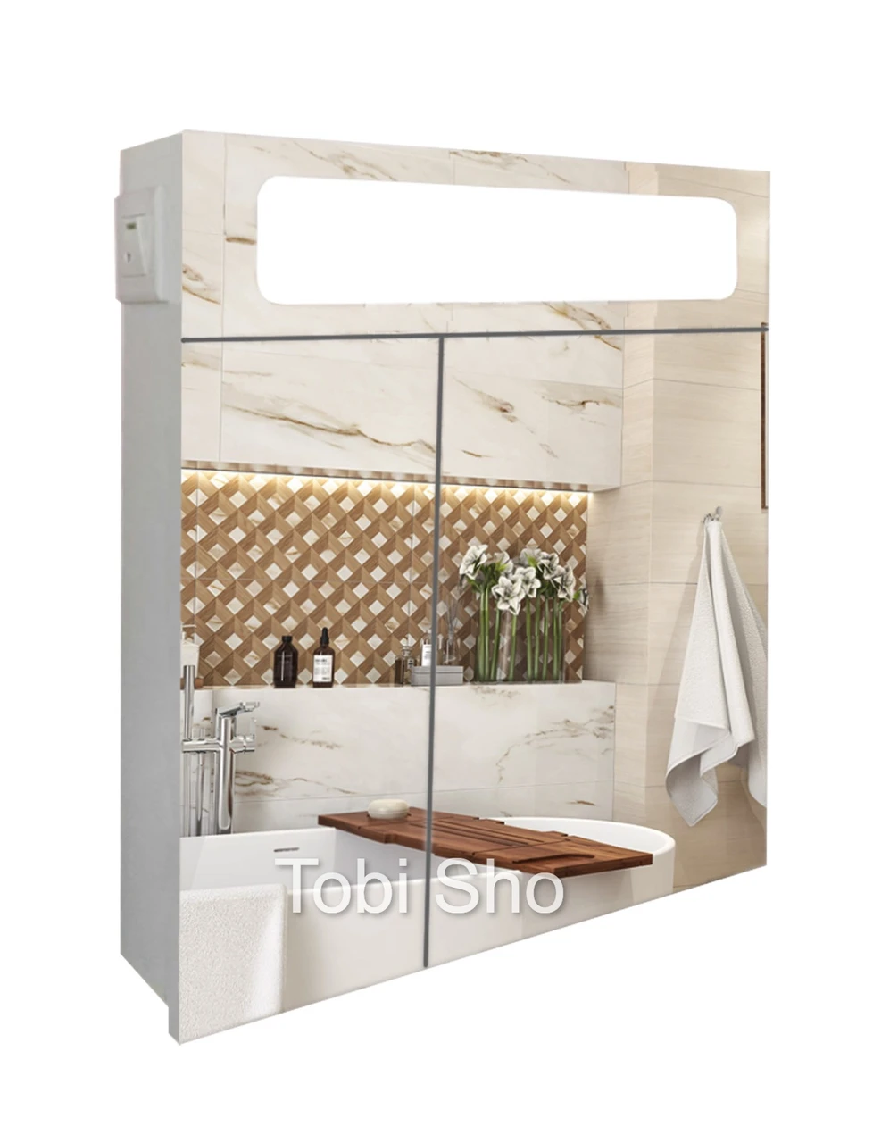 Дзеркальна панорамна шафка у ванну кімнату з підсвічуванням TR24-60 600х700х120 мм Біла, фото 1