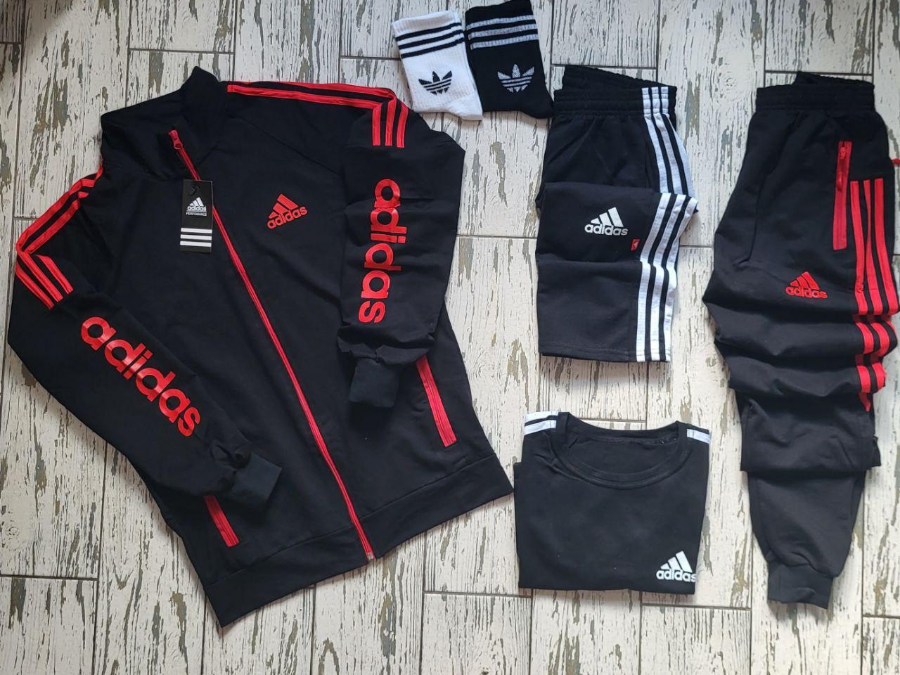 Комплект чоловічий Adidas 6в1 спортивний костюм Adidas шорти футболка шкарпетки адідас весна осінь літо червоний, фото 1