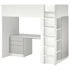 SMÅSTAD Ліжко-горище, біло-сірий/з письмовим столом на 2 полиці, 90х200 см