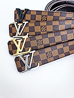 Кожаный ремень Louis Vuitton Луи Виттон 4 см шахматка, ремень ЛВ, ремень Луи Витон, ремень в клетку
