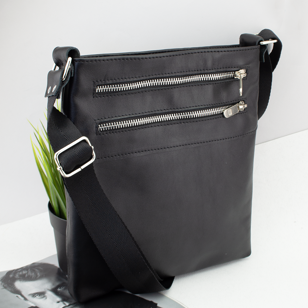 Сумка чоловіча шкіряна Handycover S236 чорна з 4 відділеннями на блискавці