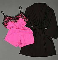 Халат и пижама, комплект домашней одежды тройка.