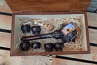 Булава з рюмками для алкоголю у дерев'яному ящику в наборі з люлькой, сірниками - для військових, козаків