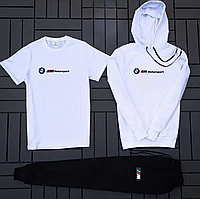 Спортивный костюм BMW motorsport черный с белым мужской двунитка , Весенний осенний костюм БМВ + футболка