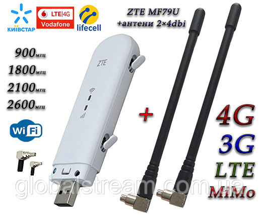 Мобільний модем 4G-LTE/3G WiFi Роутер ZTE MF79u + 2 антени 4G(LTE) по 4 db Укр меню