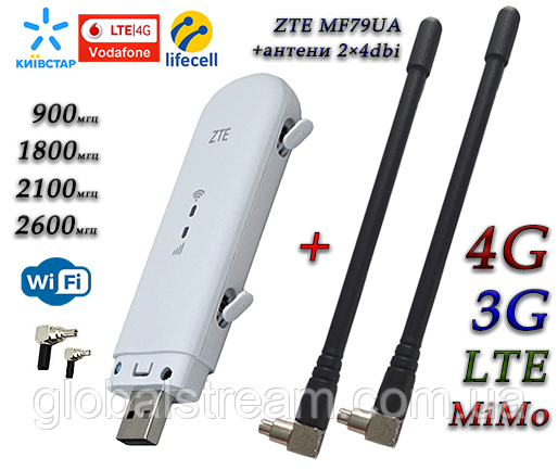 Мобільний модем 4G-LTE/3G WiFi Роутер ZTE MF79ua + 2 антени 4G(LTE) по 4 db (укр + рус меню)