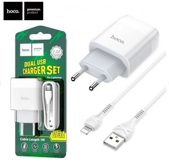 Мережевий зарядний пристрій для смартфона на 2 USB + кабель Apple Lightning HOCO C73A  ⁇ 2USB, 2.4A