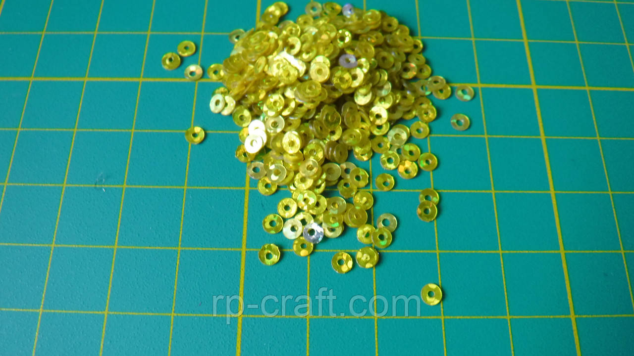 Упаковка пайеток. Круглые, плоские, желтые, голограмма, 3 мм, 5 грамм - фото 1 - id-p1776787671