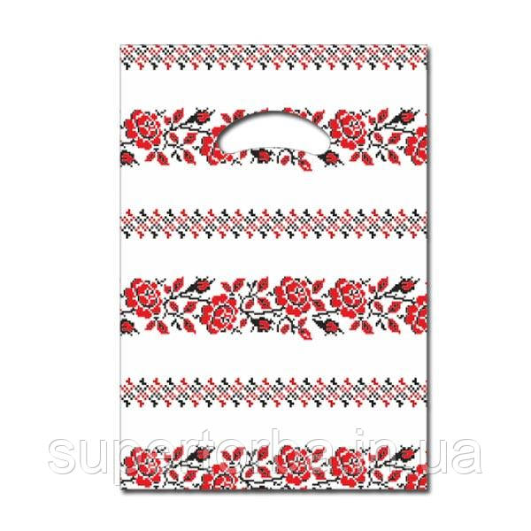 Пакет поліетиленовий із прорубною ручкою "Вишиванка" розмір 20х25 100 шт/уп., фото 1