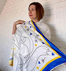Шовкова хустка патріотична 90*90 см біла з синьо-жовтим ручна обробка краю, фото 3