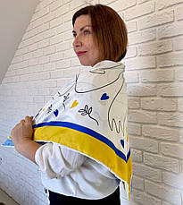 Шовкова хустка патріотична 90*90 см біла з синьо-жовтим ручна обробка краю, фото 6