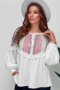Блуза жіноча біла з рожевим мереживом 3296-02