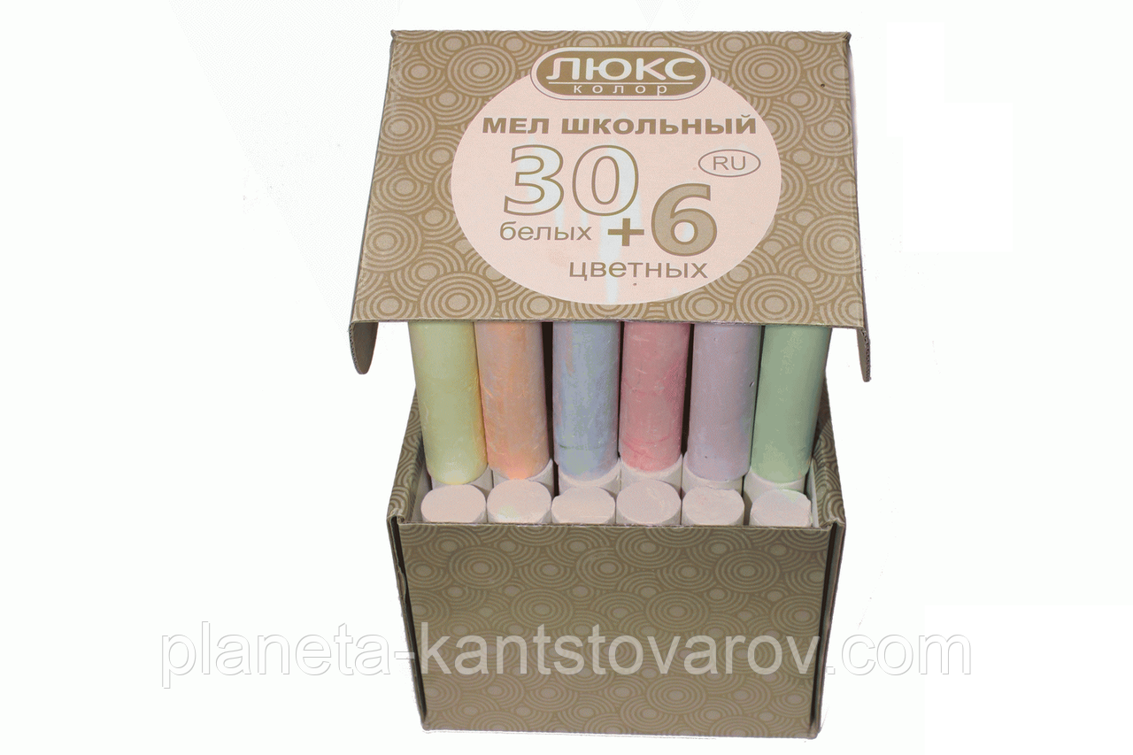 Крейда "Люкс-Колор" круглий асфальтний 30 шт. білих+6 шт. кольорових (36 шт) (20x100 мм.)