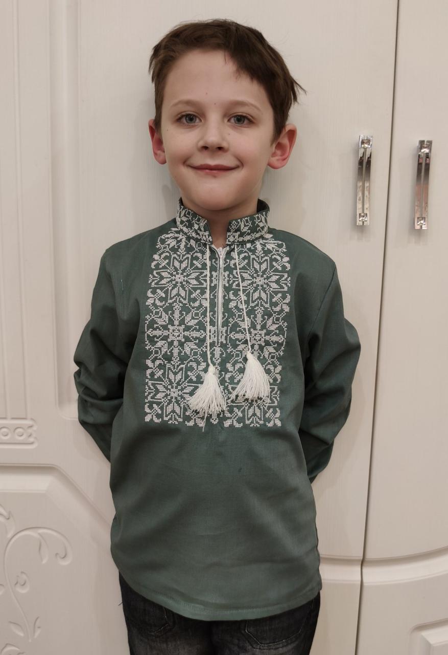 Вишиванка на хлопчика на оливковому льоні "Орнамент" 110-146 зріст, фото 1