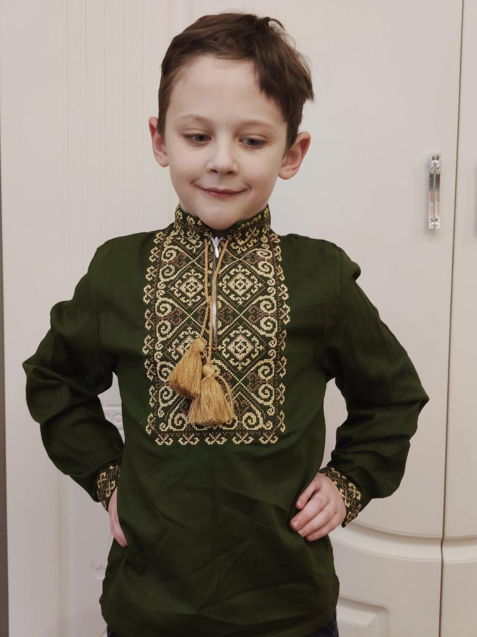 Вишиванка на хлопчика на  льоні "Орнамент" хакі 110-146 зріст, фото 1