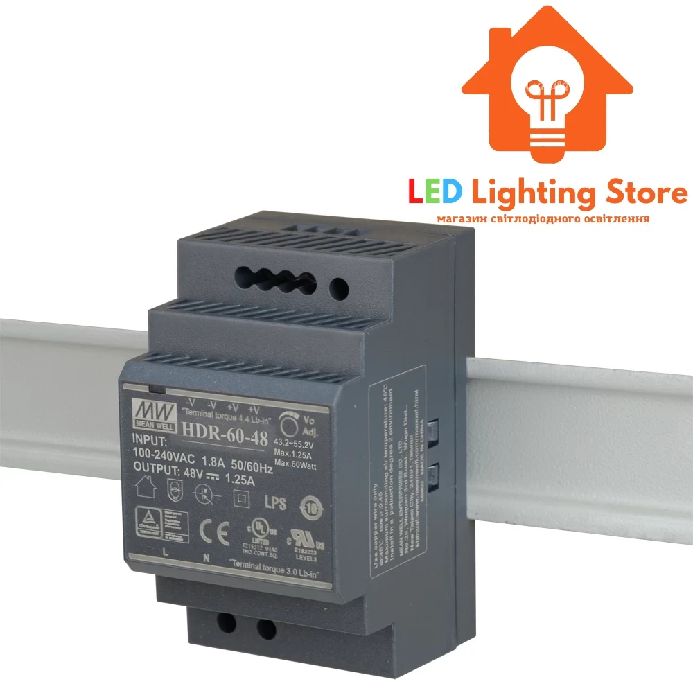Блок живлення на DIN рейку Mean Well, HDR-60-48, 48V, 60W, 1.25А, IP20