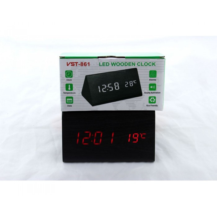 Деревянные Настольные часы VST-861 светодиодные (Красная подсветка) Чёрные - фото 1 - id-p1777158582