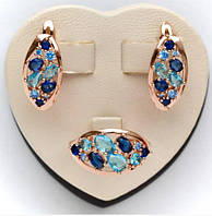 Комплект женский с синими фианитами Серьги и кольцо 18,19,20 р позолоченный, медзолото Xuping/Fallon