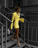 Женский яркий классический костюм 2-ка (укороченный пиджак с плечиками + юбка),размер 42-44,46-48(с замерами) лимонный, 42/44, S-M