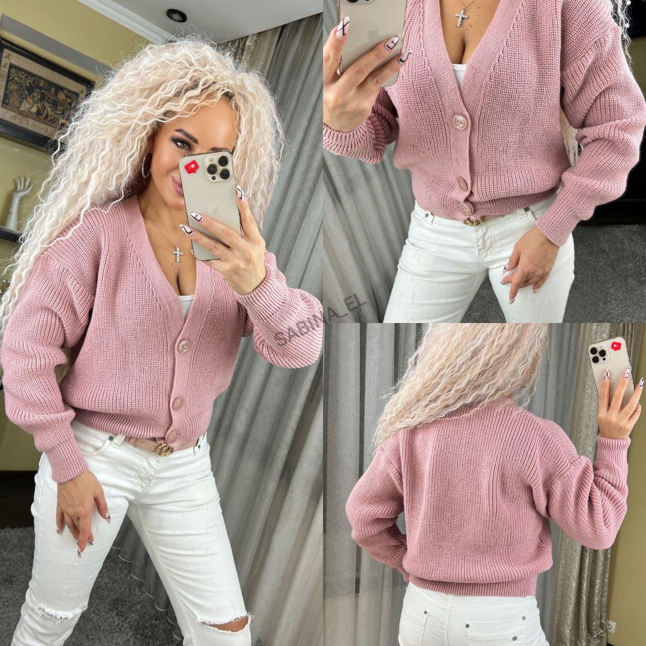 Жіноча в'язана кофта на ґудзиках з V-подібним вирізом об'ємна (р. 42-46) 7043165, фото 1