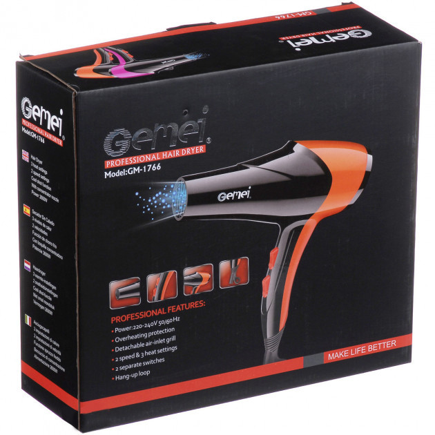 Електричний фен з дифузором GEMEI GM-1766 2.6 кВт, Фен з режимом захисту волосся, Супер XJ-841 потужний фен
