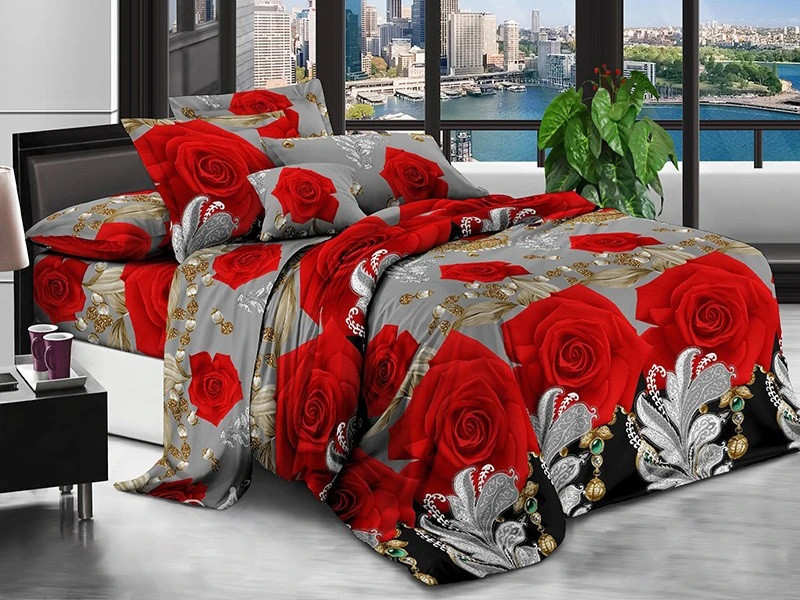 Сімейний комплект (Полісатин) | Постільна білизна від виробника "Королева Ночі" | Червоні троянди та прикраси на сірому та чорниму