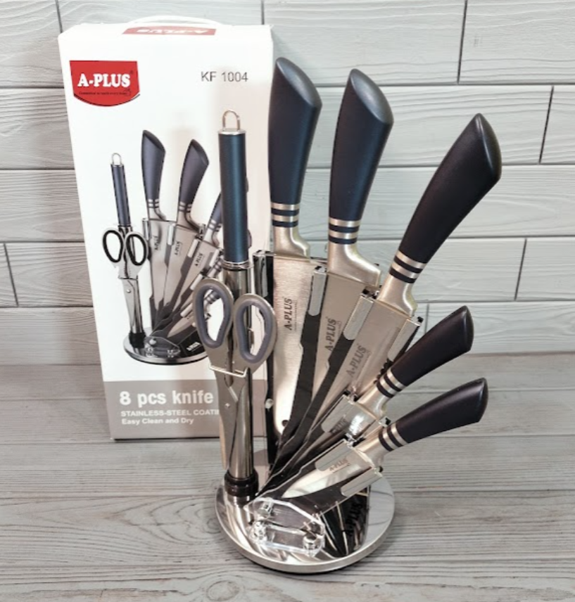 Набір кухонних ножів на підставці, що крутиться, A-Plus KF-1004 (8 предметів)