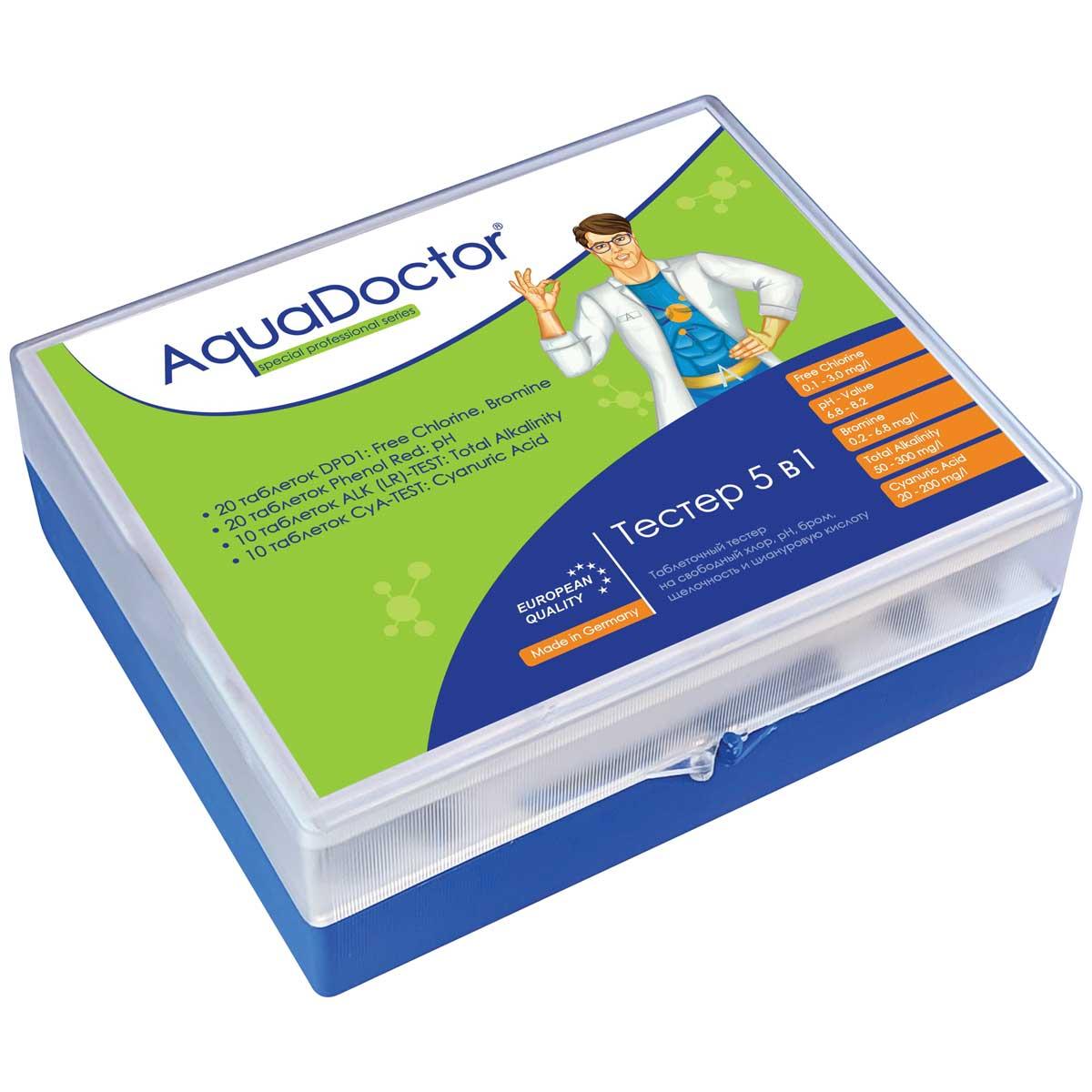 Тестер AquaDoctor таблеткового типу Аквадоктор 5 в1 pH, CL, Br, Cy, Alk 20 тестів Німеччина