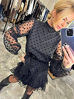 Шикарное нарядное женское платье сетка в горох черное. Размеры 42-44, 46-48, 50-52