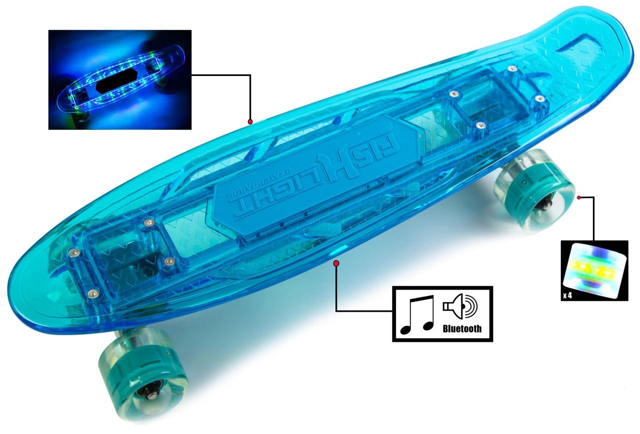 Музична та світна дека Penny Fish Skateboard Original Blue. Міський.Тихий. Легкий
