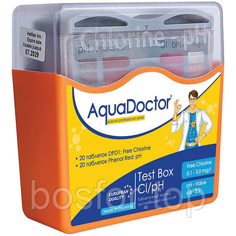 Тестер Аквадоктор таблетки для вимірювання показників води CL і PH AquaDoctor Test Box, 20 тестів Німеччина, фото 1
